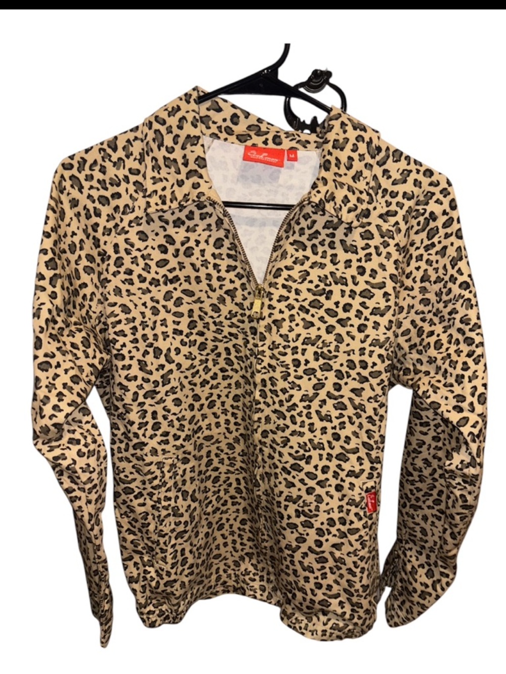 Leopard Print Long-Sleeve Half-Zip Shirt - Beige/Black